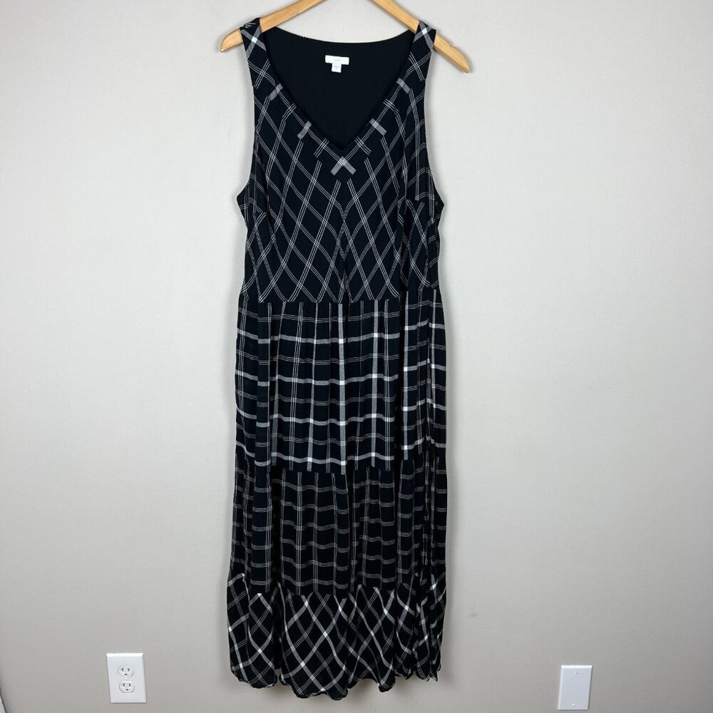 J Jill Maxi Dress Womens XL Black White Plaid‎ Sleeveless Tiered Pockets V-Neck